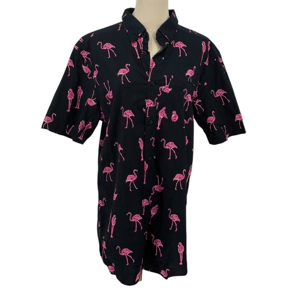 Old Navy Mens Slim Fit Short Sleeve Button Down Shirt Blue Pink Flamingos M Tall